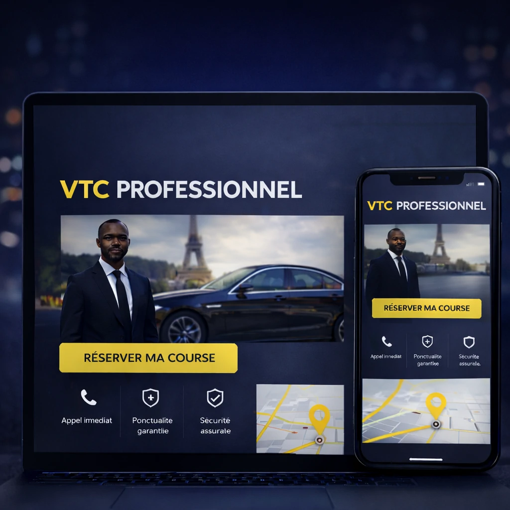 Mockup de site internet VTC professionnel avec interface de réservation en ligne sur mobile et ordinateur, création CreaWebMax