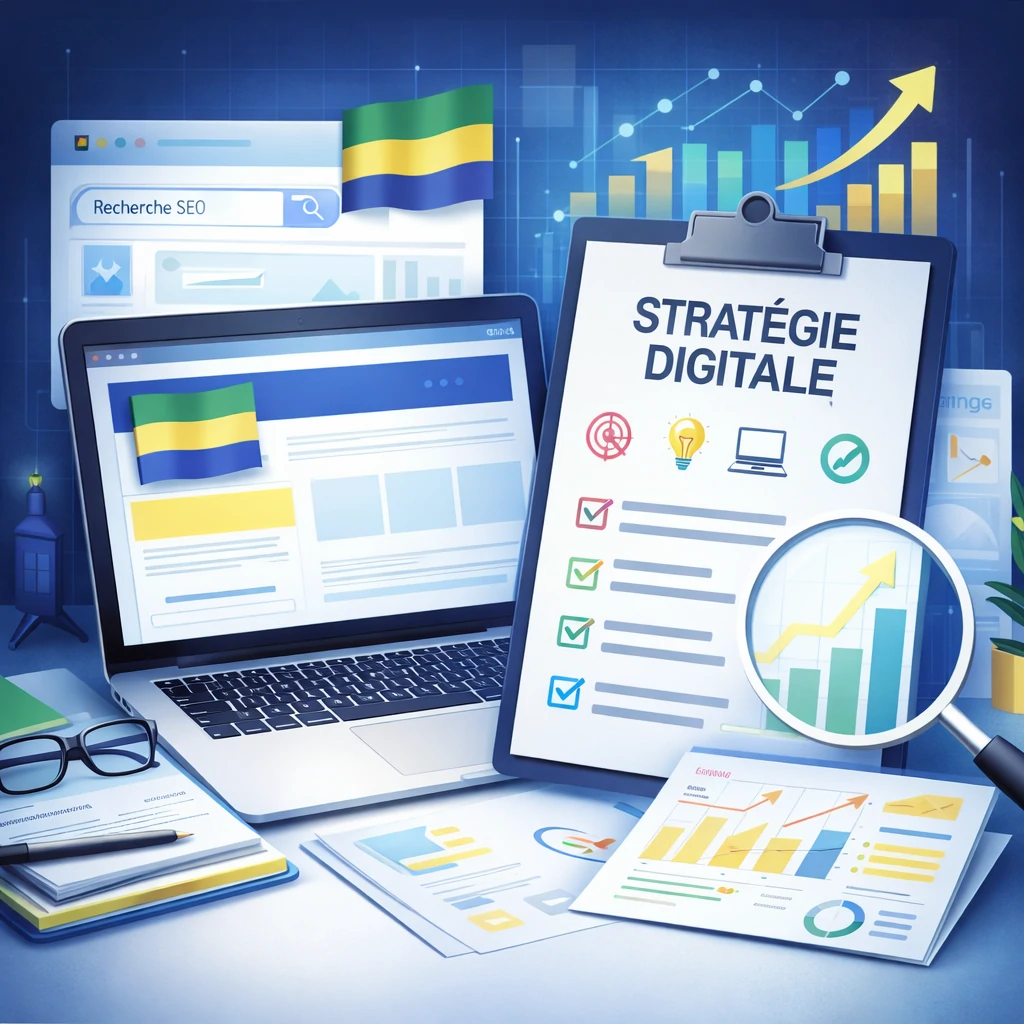 Illustration de stratégie digitale pour création de site internet au Gabon avec optimisation SEO et analyse de performance web